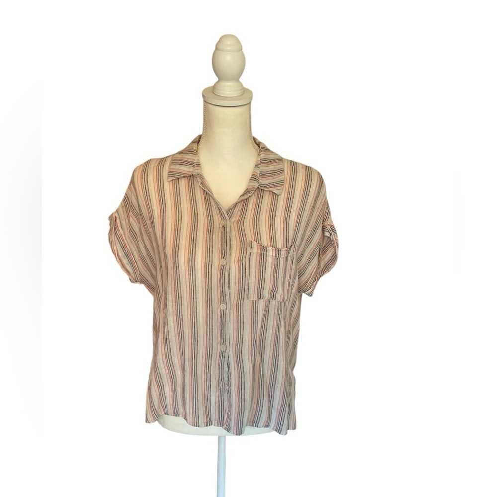 Sanctuary Linen Blend Striped Short Sleeve Button Up Camp Shirt Sz Small